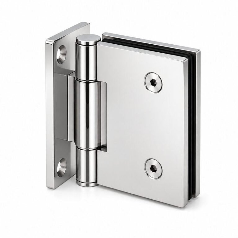 Polished Silver Self-Closing Glass Shower Door Hinge — Finish Concept