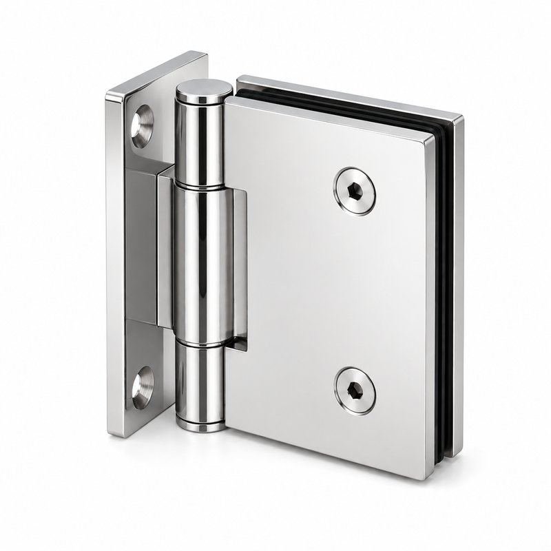 Polished Silver Self-Closing Glass Shower Door Hinge — Finish Concept