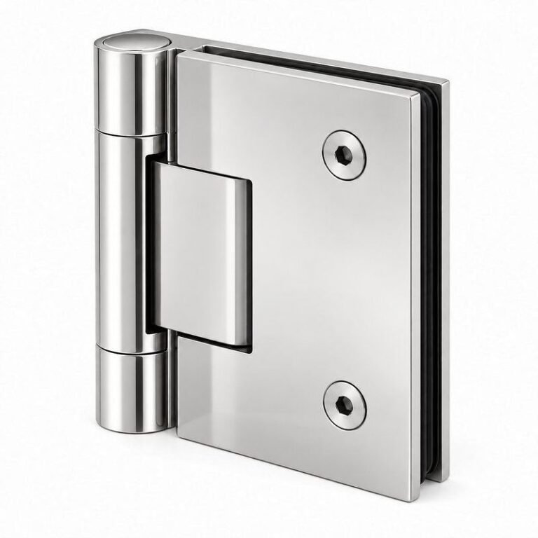 Polished Silver Soft-Close Frameless Shower Door Hinge — Finish Concept