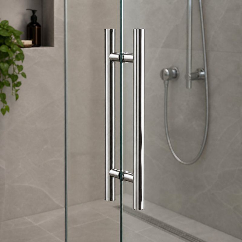 Polished Silver Round-Tube Shower Door Pull Handle — Finish Concept