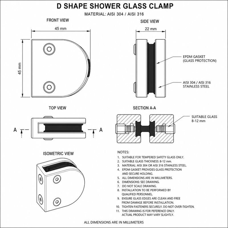 Polished Silver D-Shape Shower Glass Clamp — Finish Concept