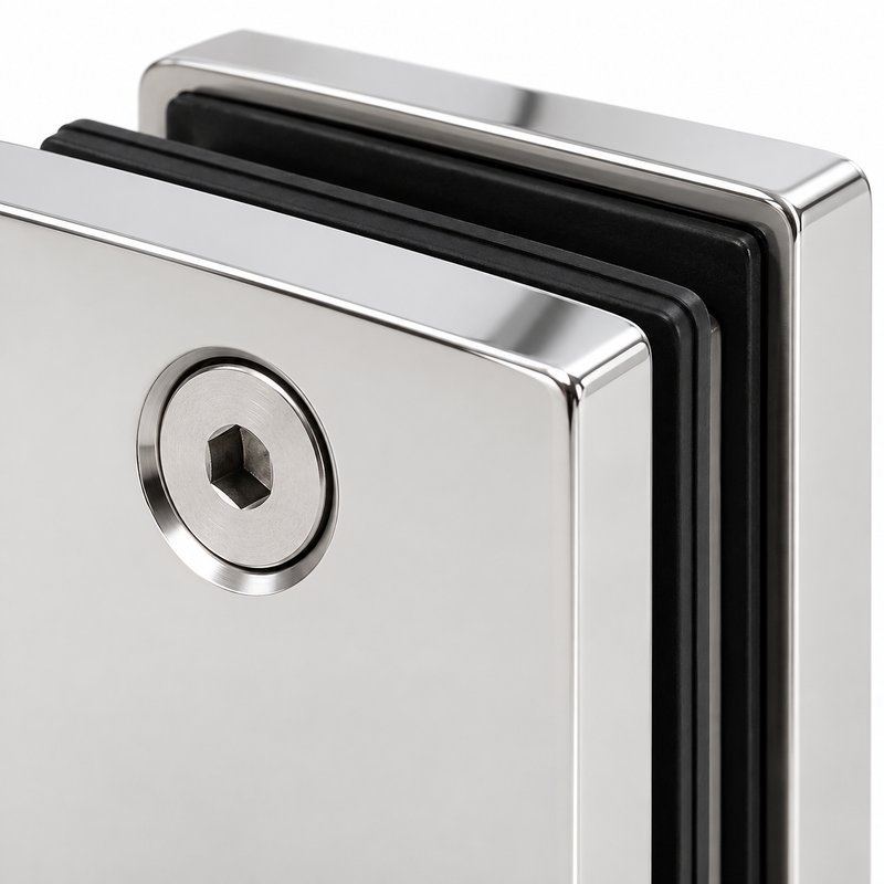 Polished Silver Square Glass-to-Glass Shower Clamp — Finish Concept