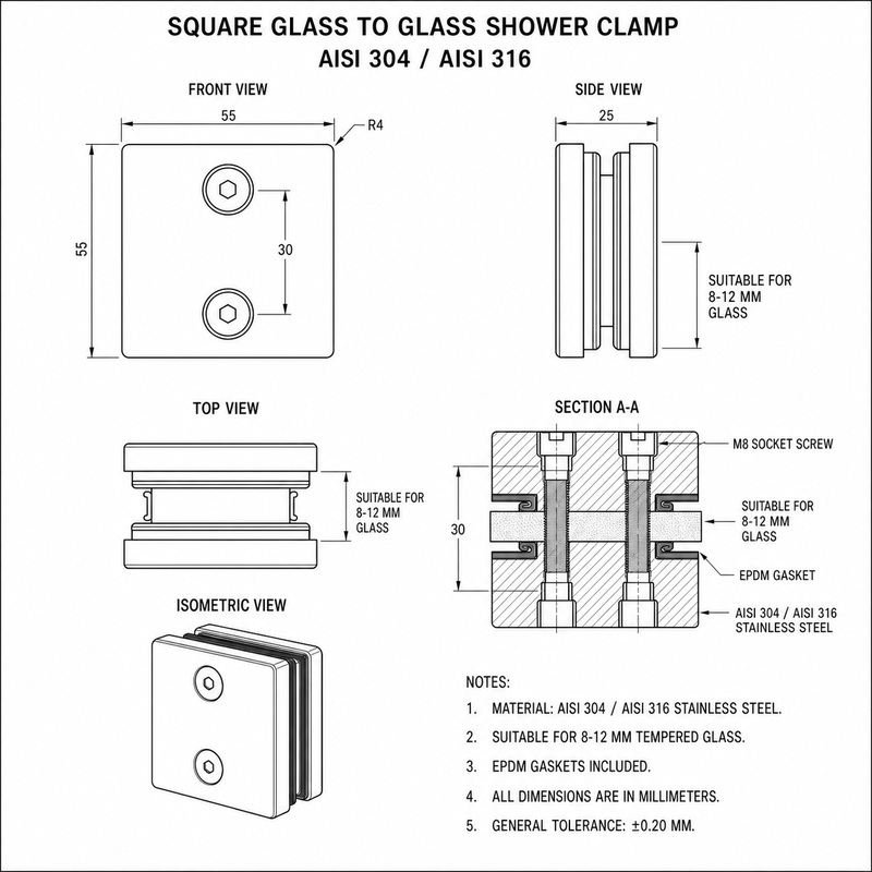 Polished Silver Square Glass-to-Glass Shower Clamp — Finish Concept