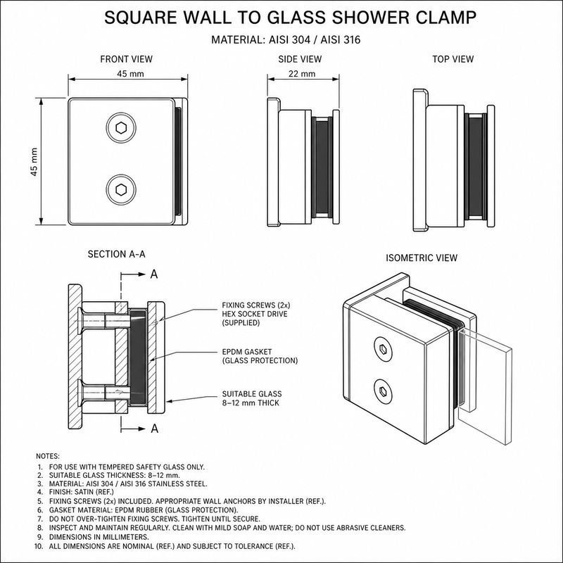 Polished Silver Square Wall-to-Glass Shower Clamp — Finish Concept