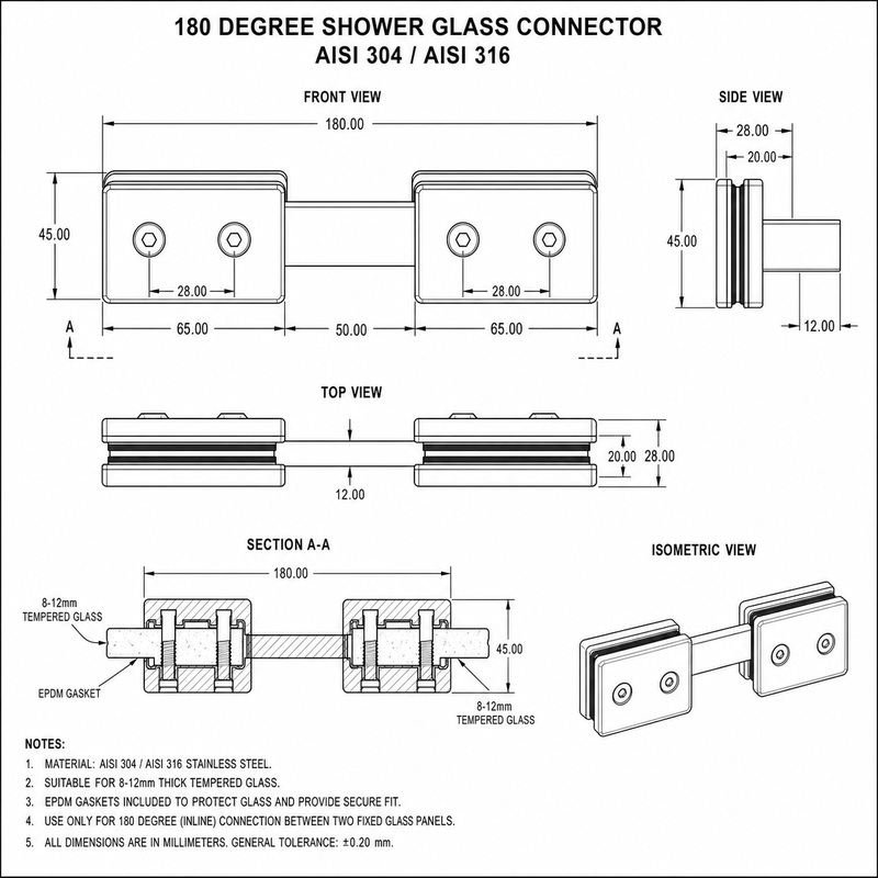 Matte Silver 180 Degree Shower Glass Connector — Finish Concept
