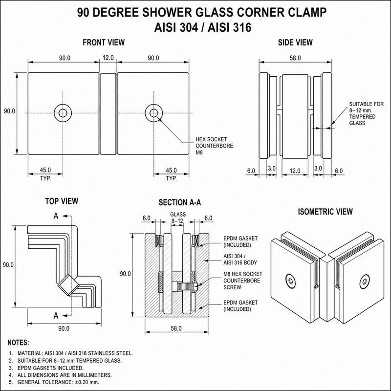 90 Degree Shower Glass Corner Clamp