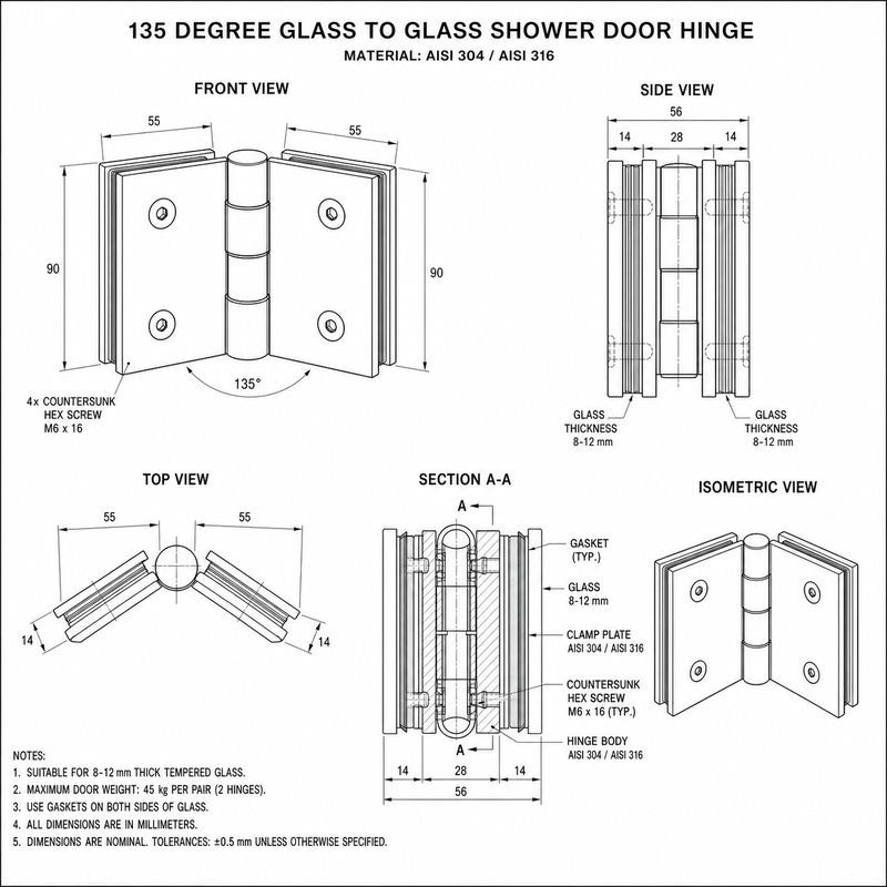 Matte Black 135 Degree Glass-to-Glass Shower Door Hinge — Finish Concept
