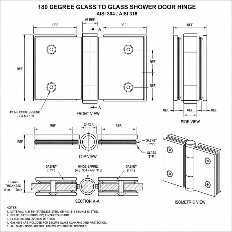 Matte Silver 180 Degree Glass-to-Glass Shower Door Hinge — Finish Concept
