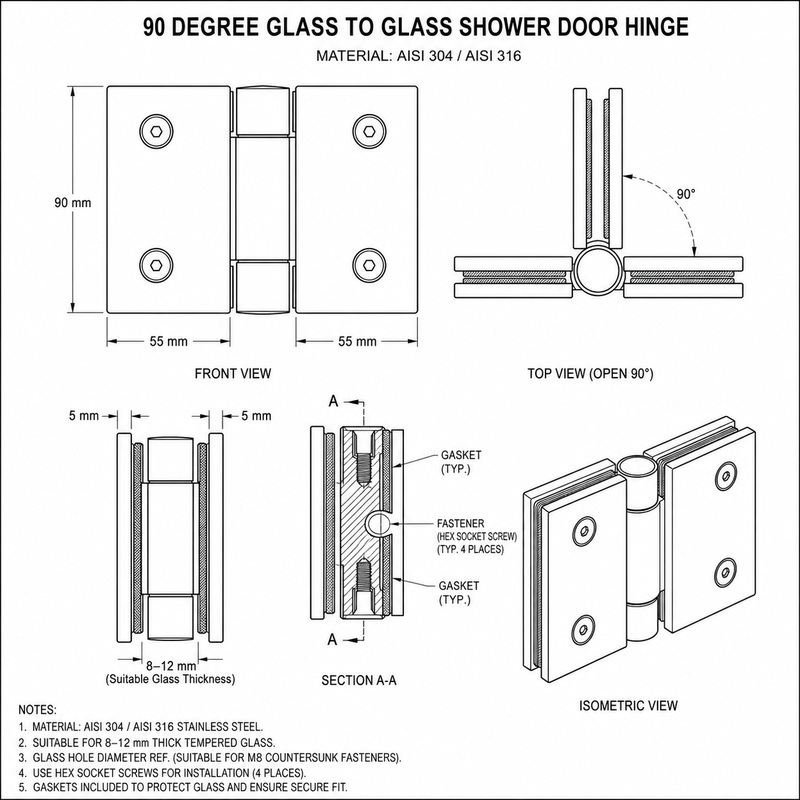 90 Degree Glass-to-Glass Shower Door Hinge
