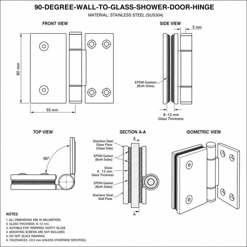 90 Degree Wall-to-Glass Shower Door Hinge