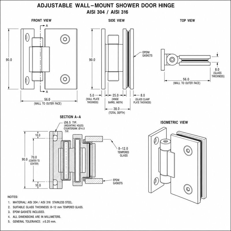 Adjustable Wall-Mount Shower Door Hinge