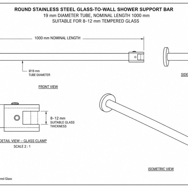 Polished Silver Glass-to-Wall Shower Support Bar — Finish Concept
