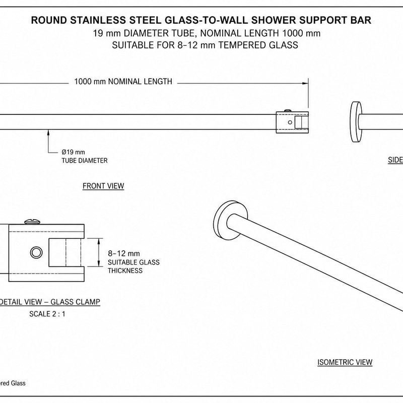 Glass-to-Wall Shower Support Bar